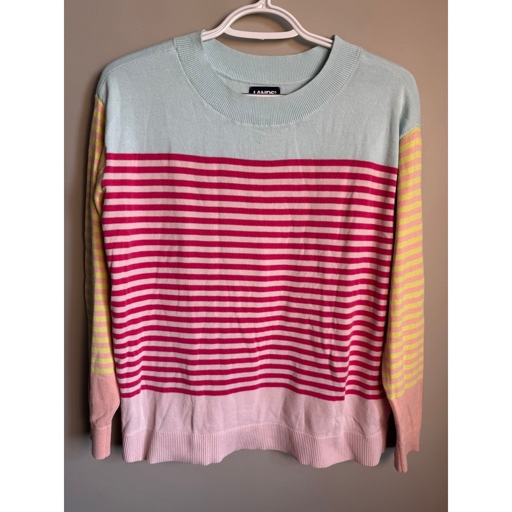 Lands' End Cotton Crewneck Striped Colorblock Sweater Small Preppy Nautical Twee